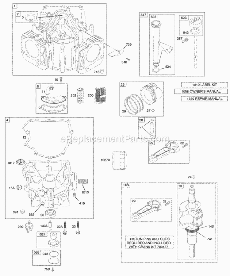 Crankcase CoverSump Crankshaft Cylinder Lubrication Piston Rings Connecting Rod Diagram and Parts List for 446977-0385-E1  Briggs and Stratton Engine